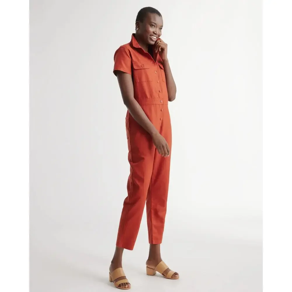 QUINCE Rust Red Cotton Linen Twill Short Sleeve Coverall Jumpsuit Medium